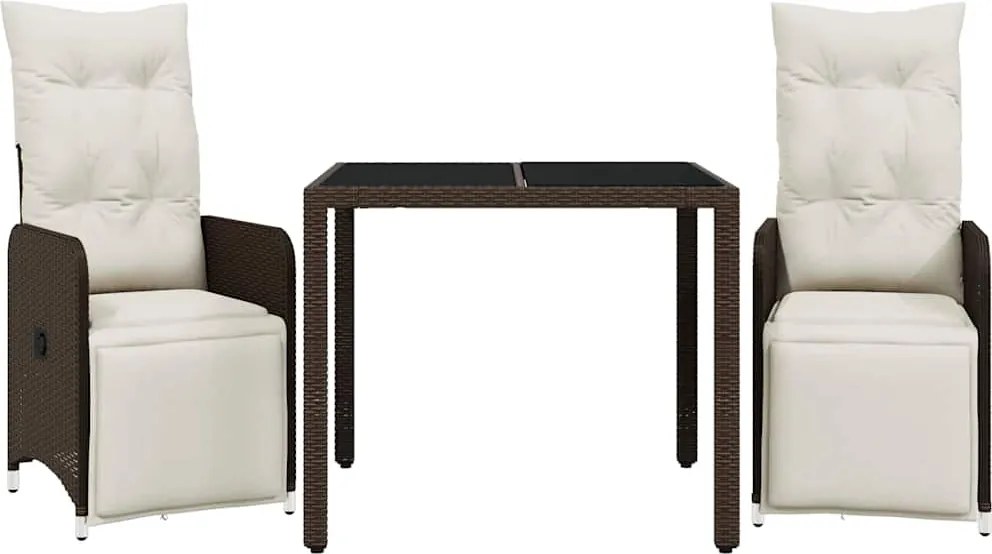 vidaXL Set bistro de grădină, 3 piese, cu perne, maro, poliratan