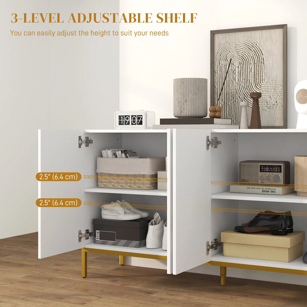 HOMCOM Bufet Modern pentru Living cu 4 Uși și Rafturi Reglabile, Închidere Moale, 140x40x75 cm, Alb | Aosom Romania
