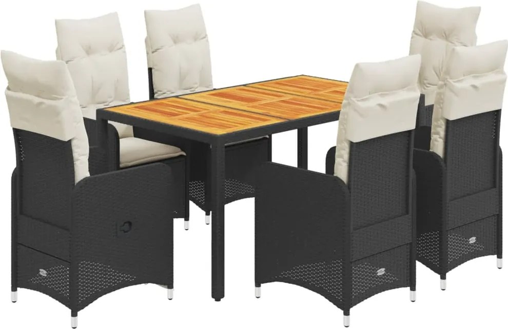 vidaXL Set bistro de grădină, 7 piese, cu perne, negru, poliratan