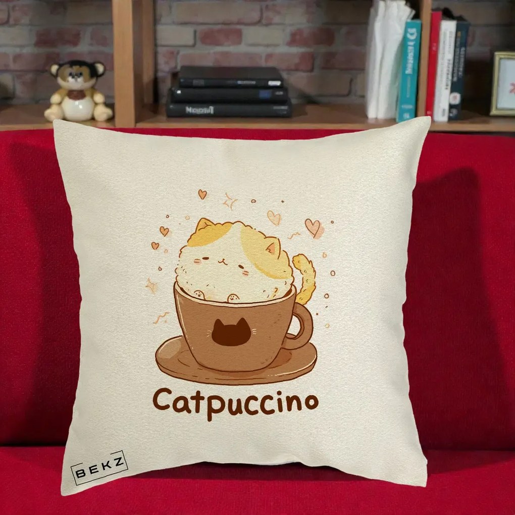 Perna Decorativa Catpuccino Pisica Cappuccino, 40x40 cm, Ecru, Husa Detasabila, Perna Inclusa, BEKZ®
