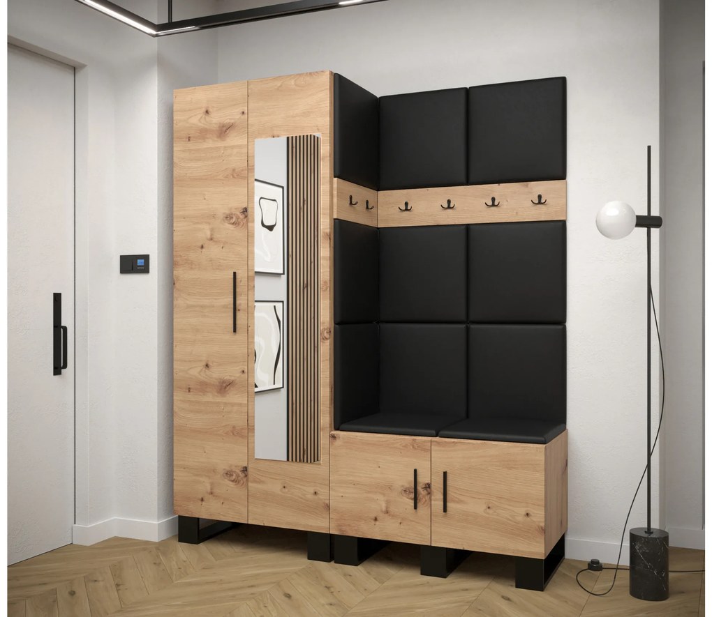 Set mobilier pentru hol Amanda 14 (Stejar artisan + piele ecologică Negru). 1085982