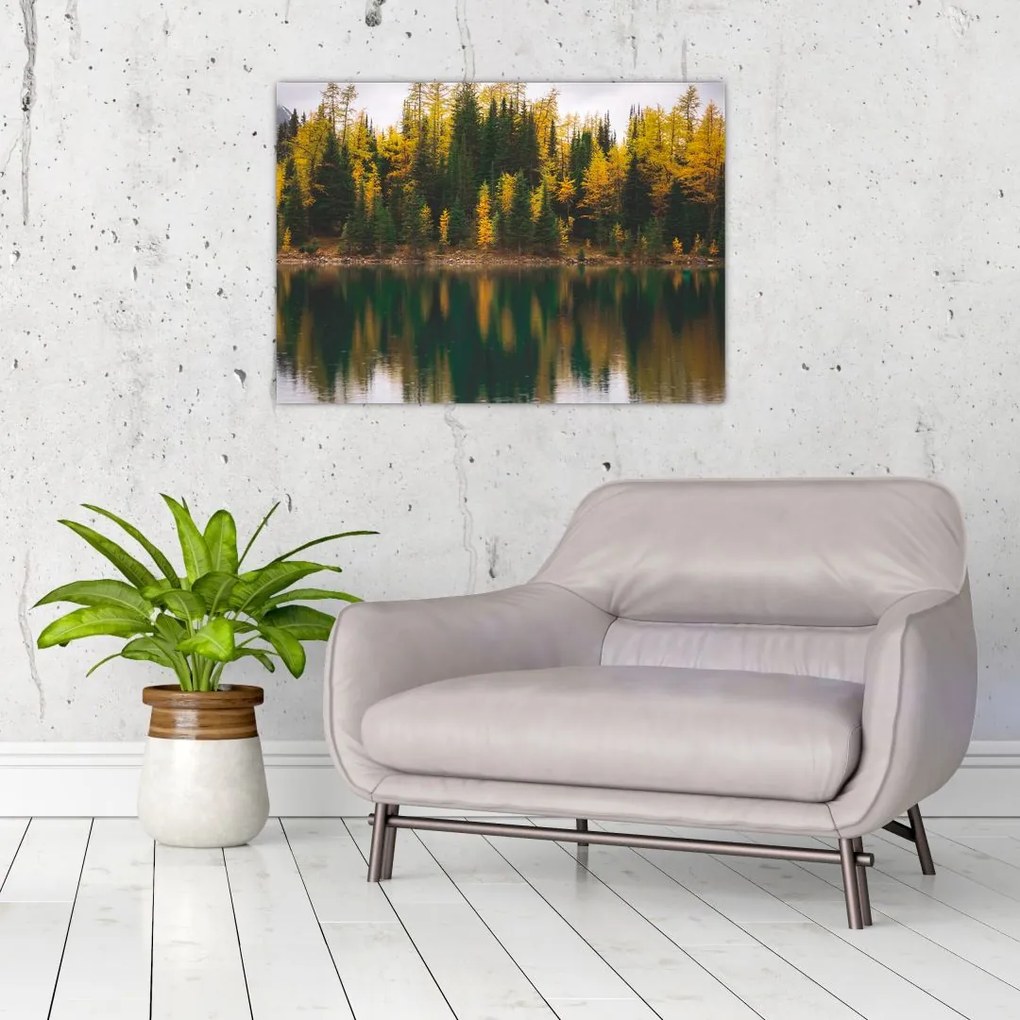 Tablou pe sticlă cu lac de pădure (70x50 cm)