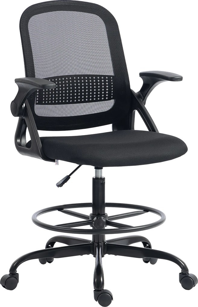 HOMCOM Scaun de Birou Ergonomic, Scaun Rotativ din Plasă, Înălțime Reglabilă și Suport pentru Picioare, Scaun de Birou cu Suport Lombar și Brațe Rabatabile, Capacitate 120kg, Negru | Aosom Romania