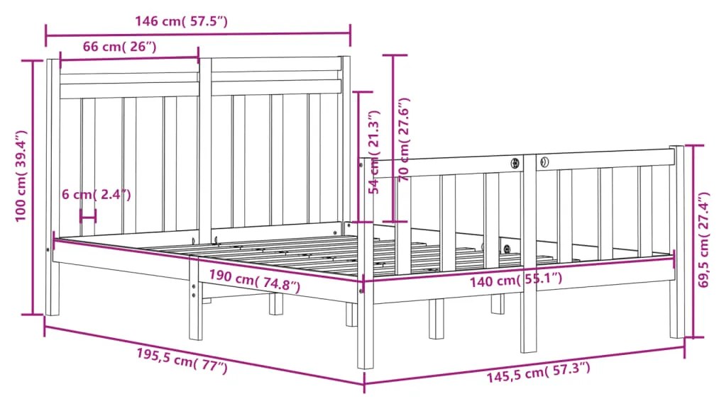 Cadru pat, alb, 140x190 cm, lemn masiv Alb, 140 x 190 cm