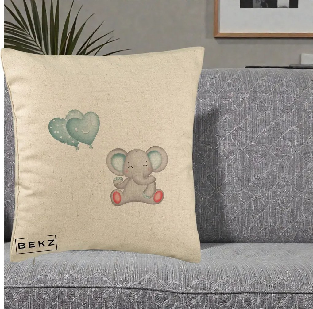 Perna Decorativa, Model Elefant si baloane in forma de inimioare, 40x40 cm, Bej, Husa Detasabila, Perna Inclusa, BEKZ®
