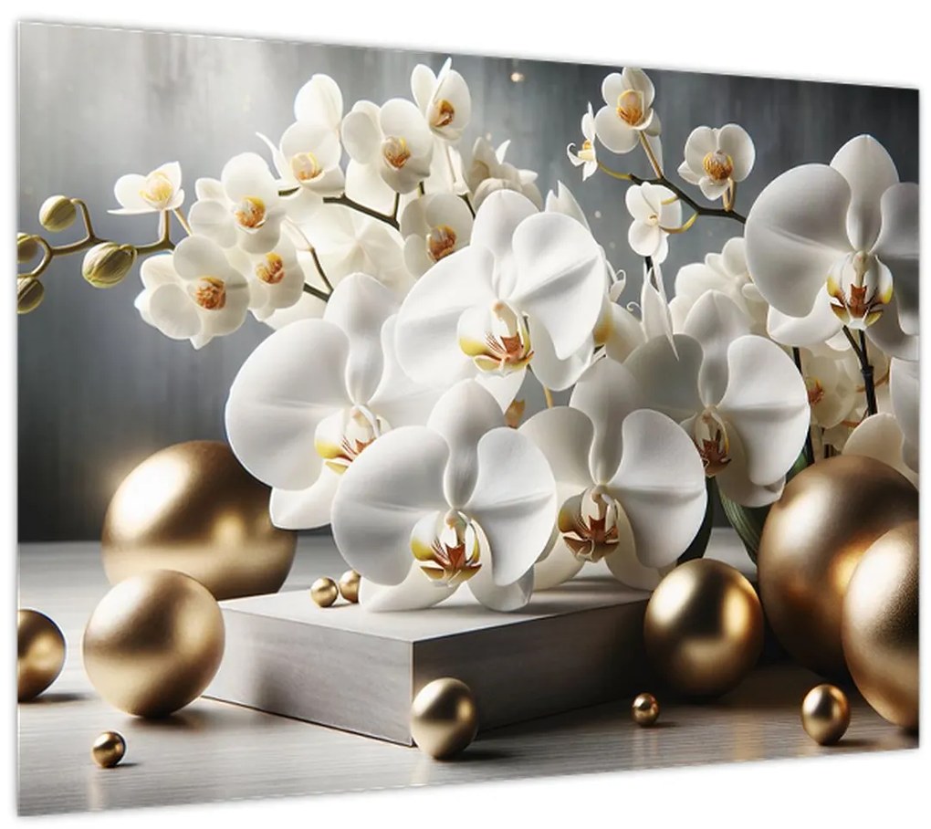 Tablou pe sticlă - Orhidee și bile aurii (70x50 cm)