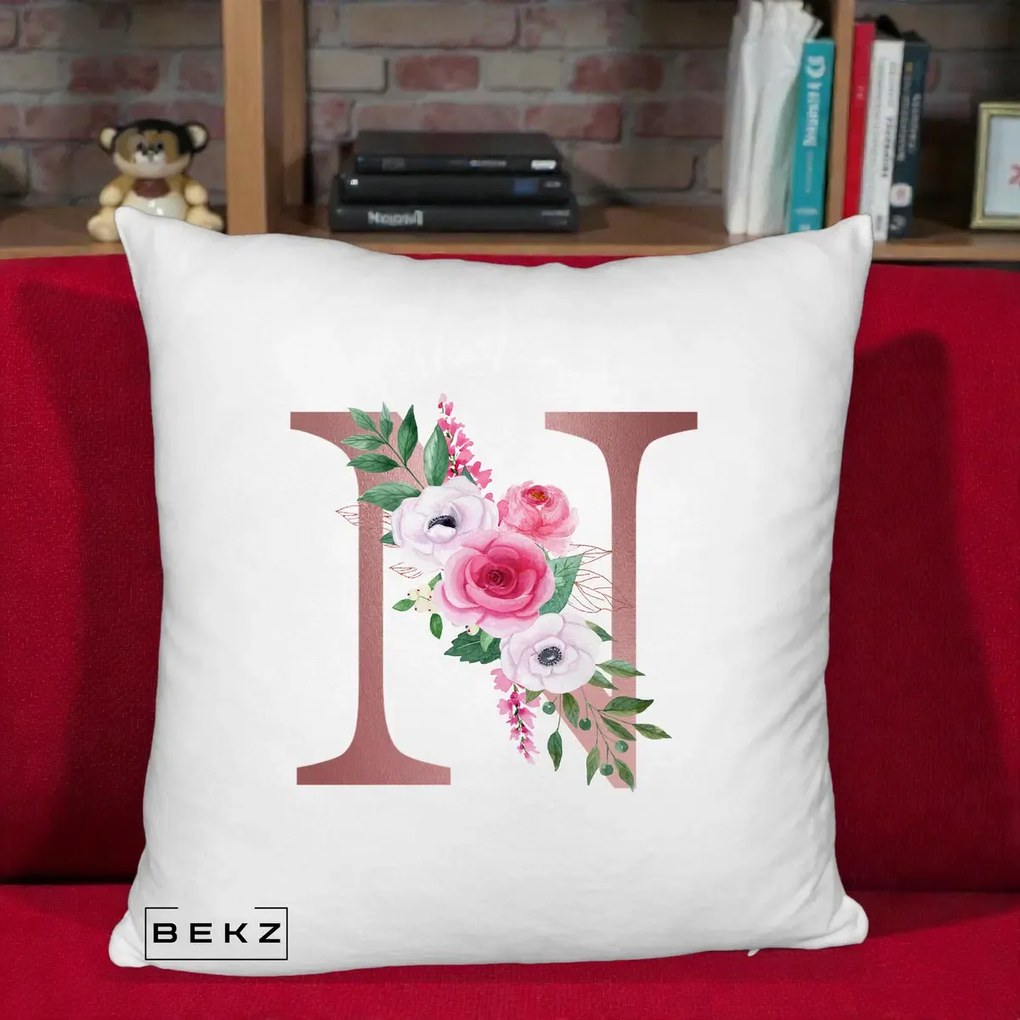 Cadou Personalizat - Perna Personalizata Monograma Rose Gold Litera N, 40x40 cm, Alb Pufos, Husa Detasabila, Perna Inclusa, BEKZ®