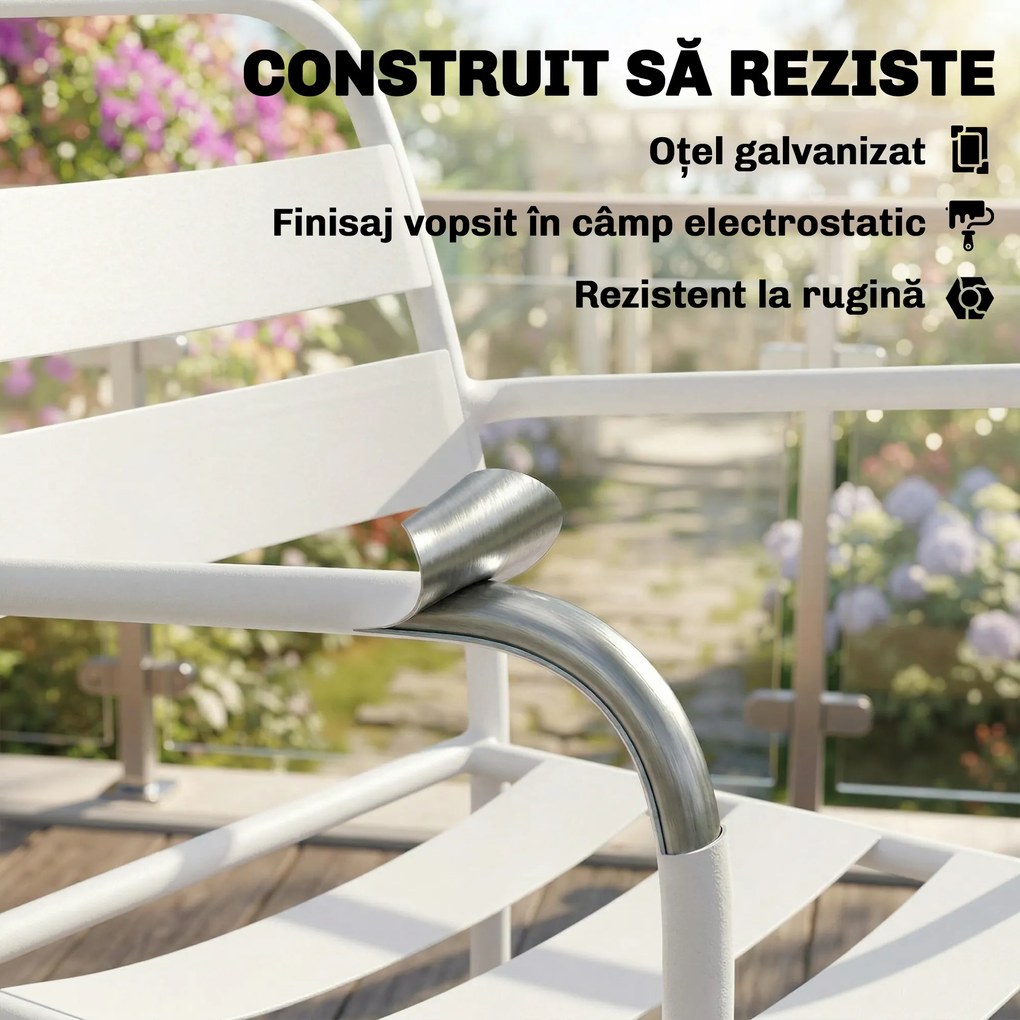 Outsunny Set Bistrò 3 Piese din Oțel Galvanizat, Set de Grădină cu 2 Scaune și Masă din Sticlă Temperată, Mobilier Exterior pentru Terasă, Balcon, Alb | Aosom Romania