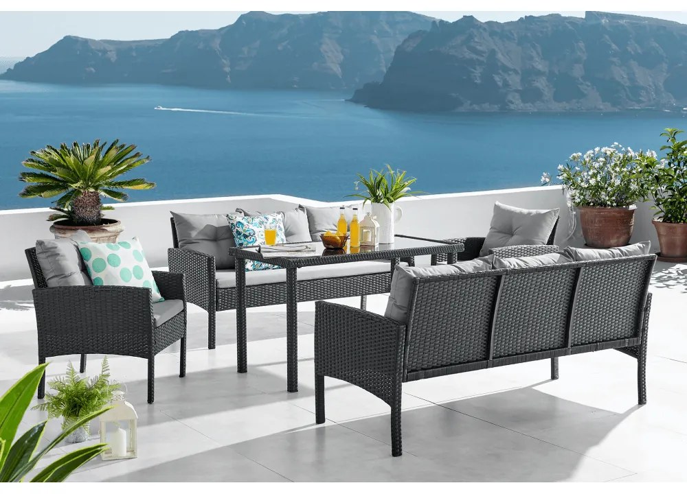 Set de gradina din ratan, 5 piese, negru / gri, LERON