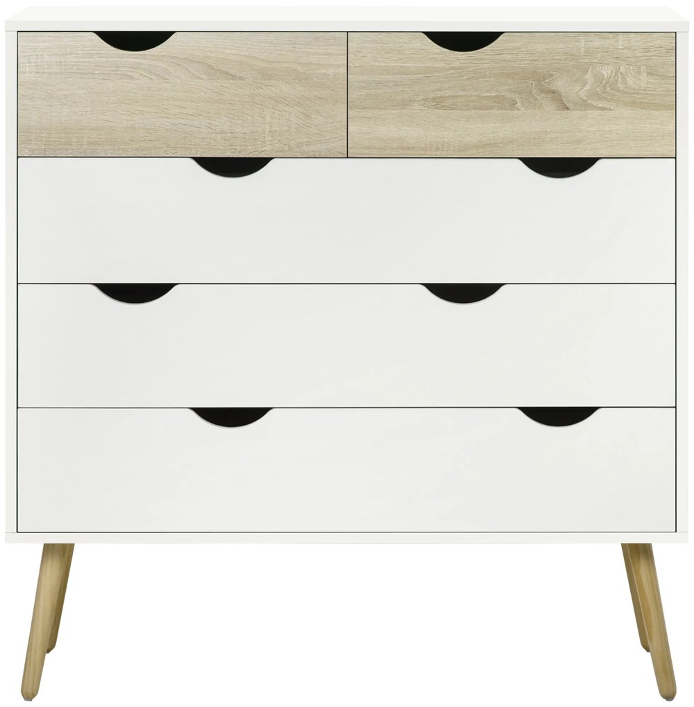 HOMCOM Comodă 5 sertare design scandinav mobilier depozitare cameră placă particule 99 x 39 x 101 cm alb aspect stejar deschis | Aosom Romania