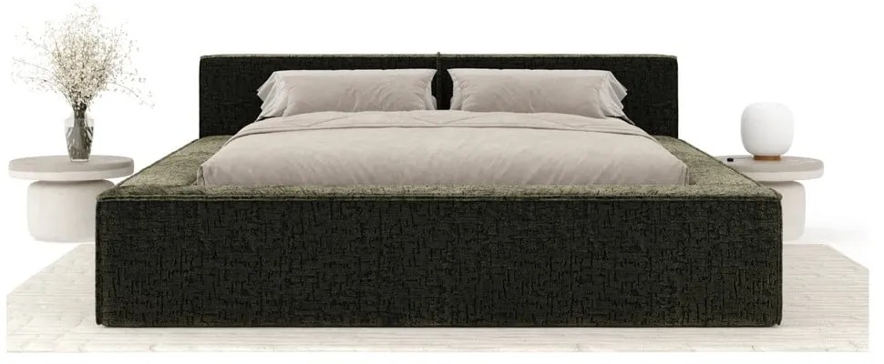 Pat matrimonial verde închis tapițat cu spațiu de depozitare cu somieră 160x200 cm Voliera – Maison de Rêve