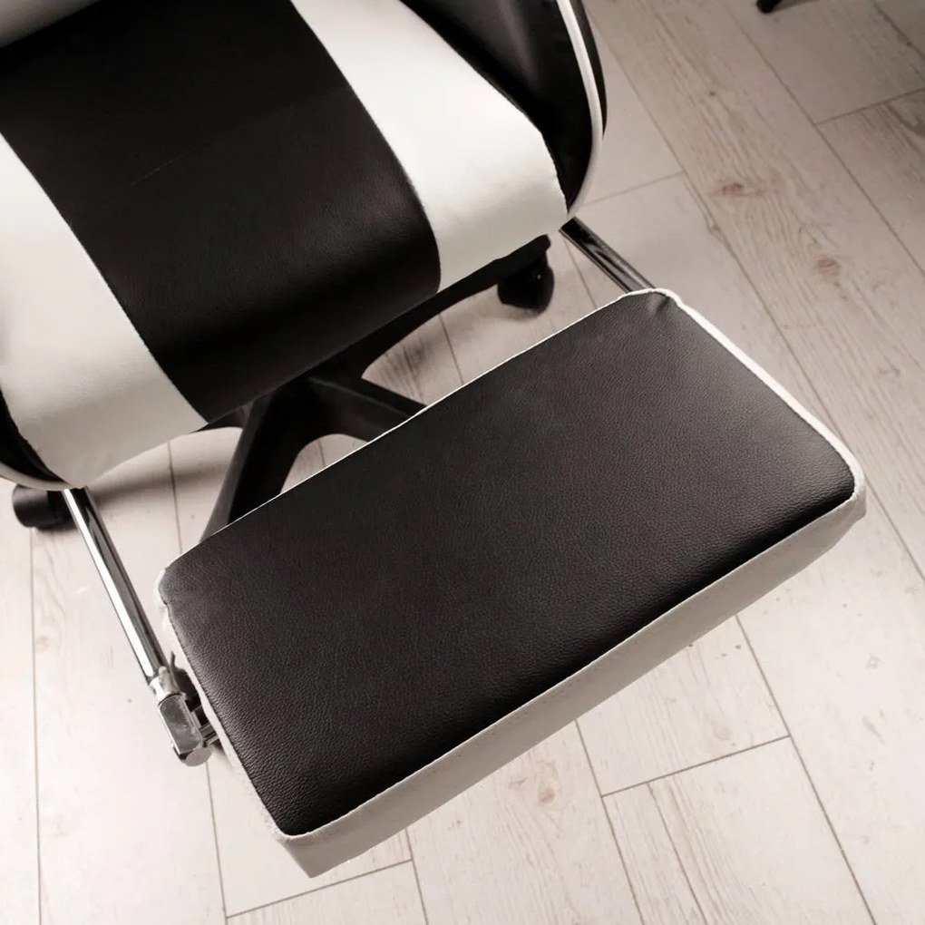 JAKS PREMIUM SCAUN GAMING REGLABIL ECO - PIELE NEGRU-ALB + PERNĂ DE MASAJ