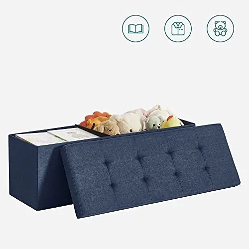 Bancheta cu spatiu depozitare, textil / MDF, albastru marin, Songmics
