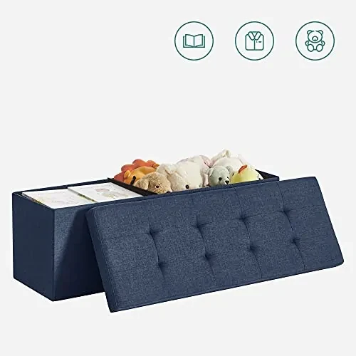 Bancheta cu spatiu depozitare, textil / MDF, albastru marin, Songmics