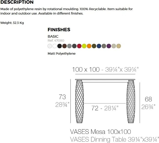 Masa dining de exterior / interior design modern premium VASES 100x100cm