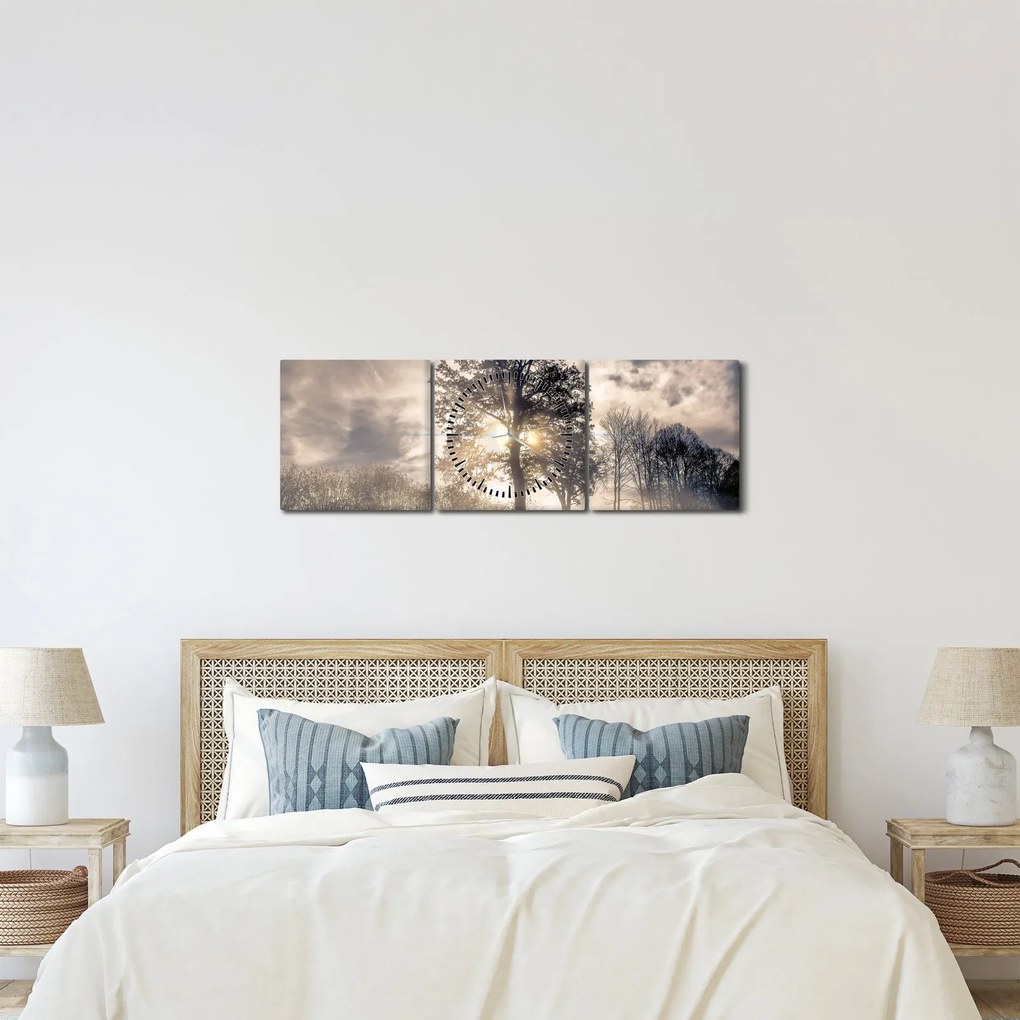 Tablou cu copac în ceață (cu ceas) (90x30 cm)