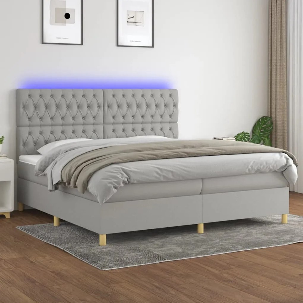 vidaXL Pat cu arcuri, saltea și LED, gri deschis, 200x200 cm, textil