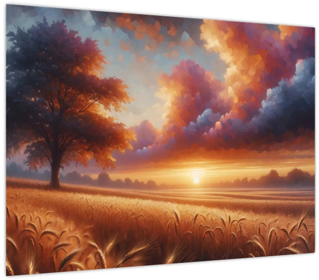 Tablou pe sticlă – Apus de soare pe câmp (70x50 cm)