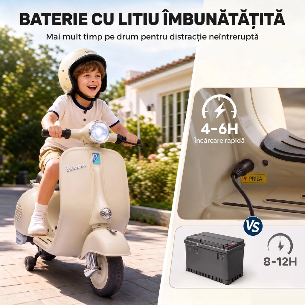 AIYAPLAY Motocicletă Electrică pentru Copii 3+ Ani, Licență VESPA, 6V, cu Roți Ajutătoare Detașabile, Max. 30 kg, Alb | Aosom Romania