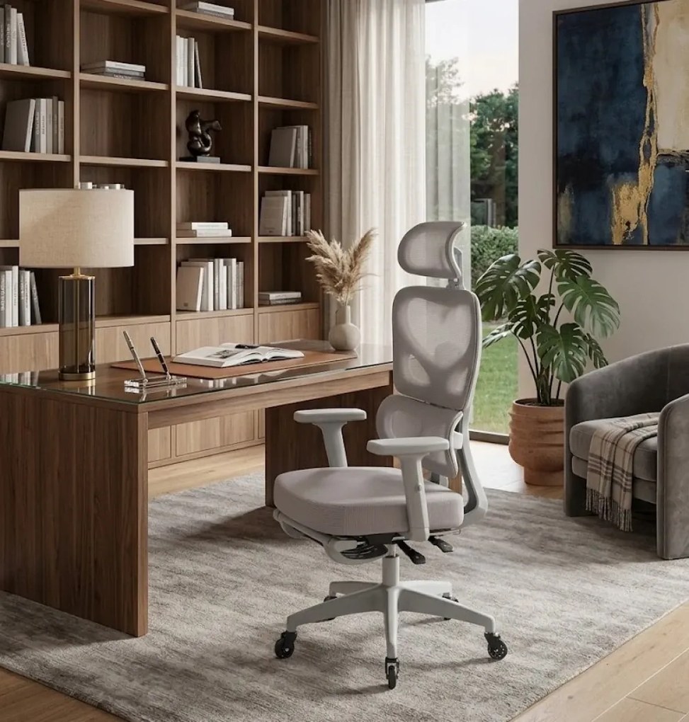 Scaun ergonomic, cotiere 3D, suport lombar adaptiv, spătar reglabil pe inaltime, tetiera 3D, suport pentru picioare, pivotant, Mesh, Gri