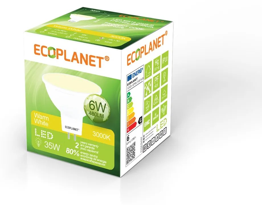 Bec LED Ecoplanet MR16 GU5.3, 6W (35W), 480 LM, G, lumina calda 3000K, Mat Lumina calda - 3000K, 1 buc