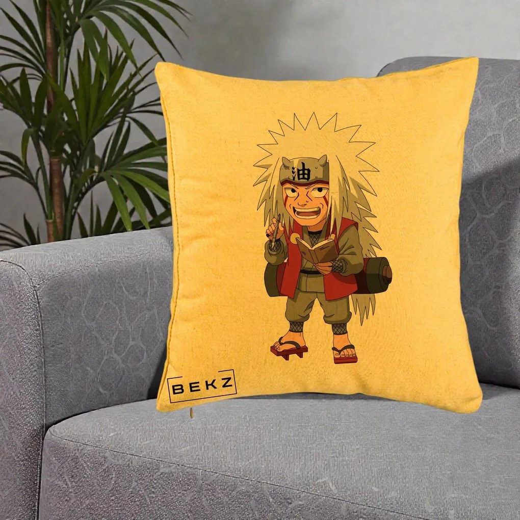 Perna Personalizata Naruto Jiraiya Sensei Chibi, 40x40 cm, Galben, Husa Detasabila, Perna Inclusa, BEKZ®