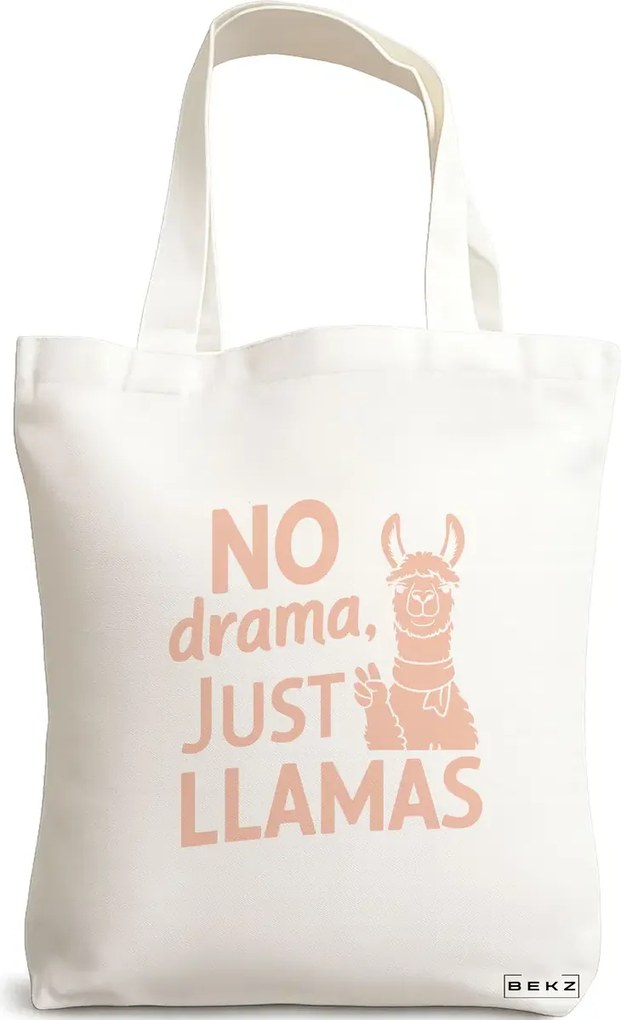 Sacosa de Panza pentru Cumparaturi, Geanta Tote, model No drama, Just llamas, 38x34.5 cm, Alba, BEKZ®