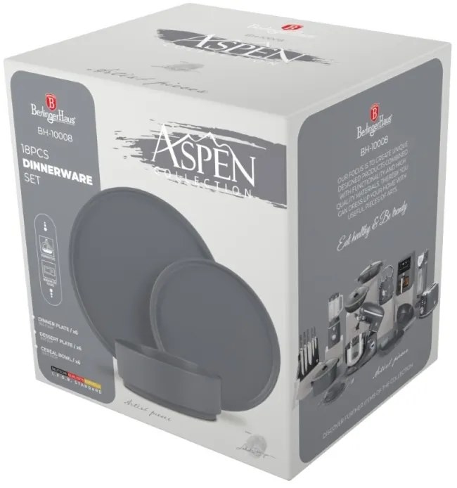 Set farfurii ceramica 18 piese Aspen Collection Berlinger Haus BH 10008, gri, design modern, rotunde