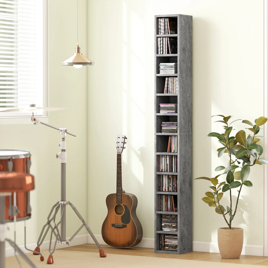 HOMCOM Raft Bibliotecă Pentru CD-uri cu 12 Polițe pentru 204 CD-uri, din MDF și PAL, 21 x 20 x 175 cm, Gri | Aosom Romania