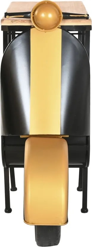 Bar decorativ din metal, negru, formă de scuter cu blat din lemn și suport pentru sticle și pahare, finisaj vopsit, 92 x 134 x 36 cm, „Menton”