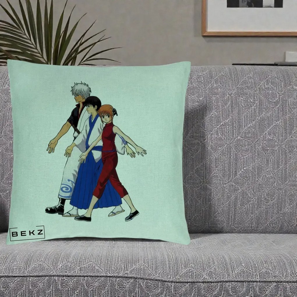 Perna Personalizata Gintama Trio Gintoki Shinpachi Kagura, 40x40 cm, Verde Menta, Husa Detasabila, Perna Inclusa, BEKZ®