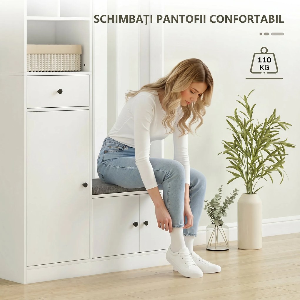 HOMCOM Cuier 180 cm cu Bancă pentru Pantofi, Soluție 4-în-1 cu Raft Reglabil, 4 Agățători și Compartimente Deschise, pentru Hol sau Living, Alb | Aosom Romania