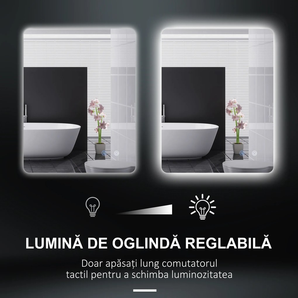 kleankin Oglindă de Baie cu Lumină LED, 3 Culori, Întrerupătoare Touch și Luminozitate Reglabilă, 70x50x3 cm, Transparent | Aosom Romania