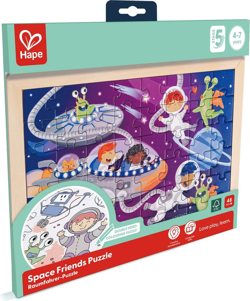 Puzzle din lemn 2 in 1 - Prietenii din Spatiu (50 piese), cu fata dubla si activitate colorare