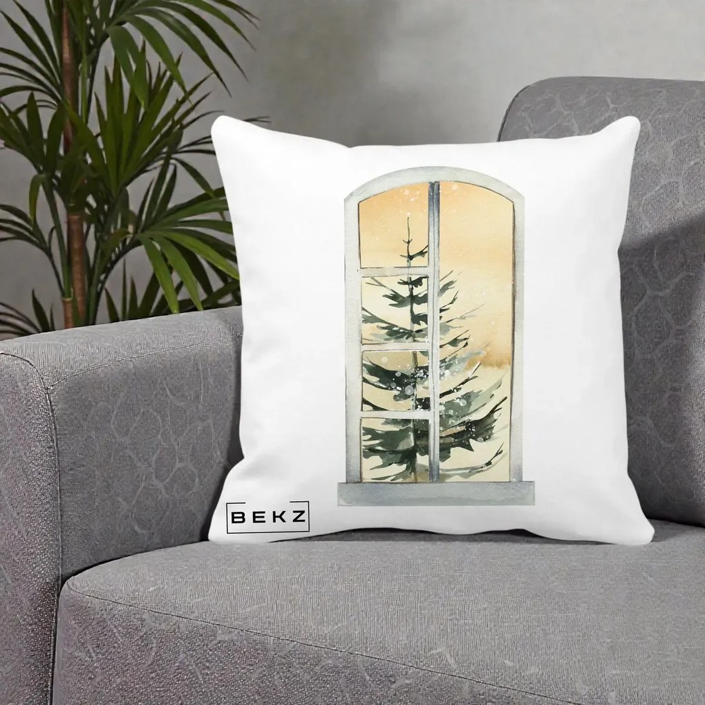 Perna Decorativa Fereastra cu Brad de Iarna, 40x40 cm, Alba Mata, Husa Detasabila, Perna Inclusa, BEKZ®
