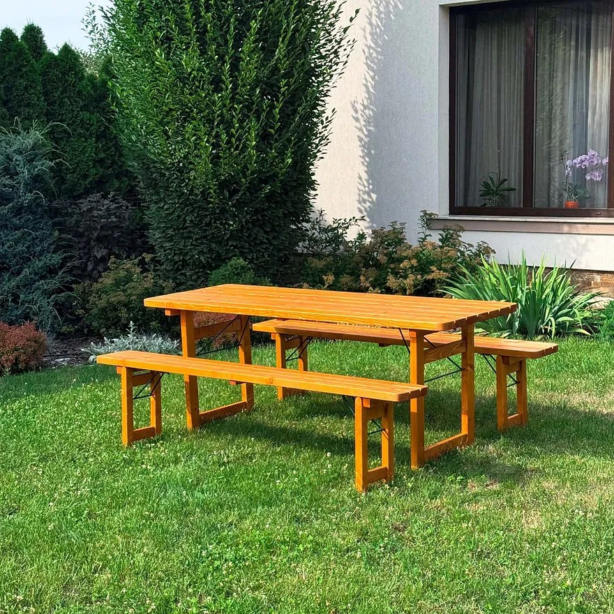 Set de bere pliabil Premium, 195 cm, grosime blat 40 mm din lemn masiv, finisaj cireș