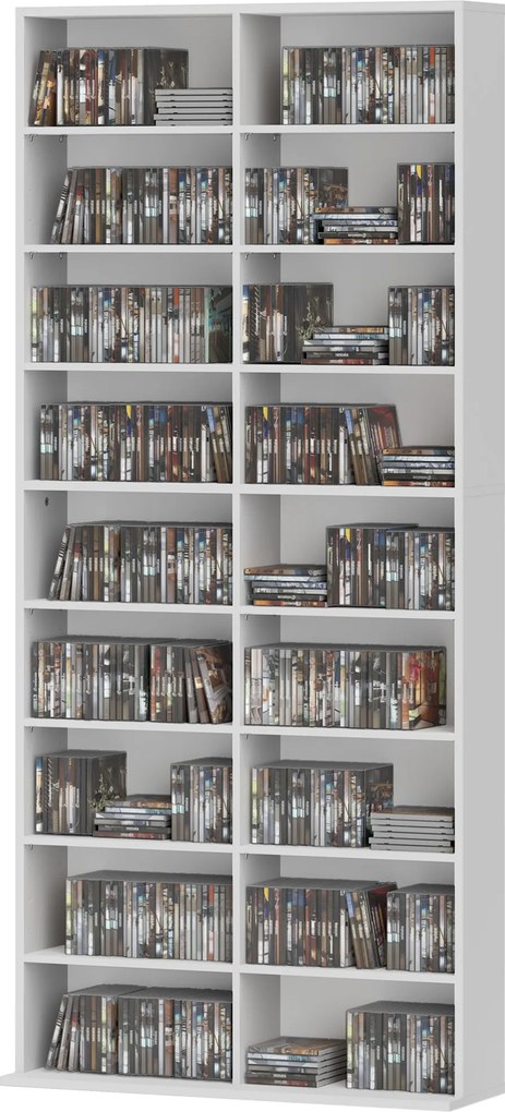 HOMCOM Raft pentru DVD-uri, Raft de depozitare CD, 14 rafturi reglabile, 18 compartimente, 175 cm, Raft Blu-ray, Placă de lemn, Alb | Aosom Romania