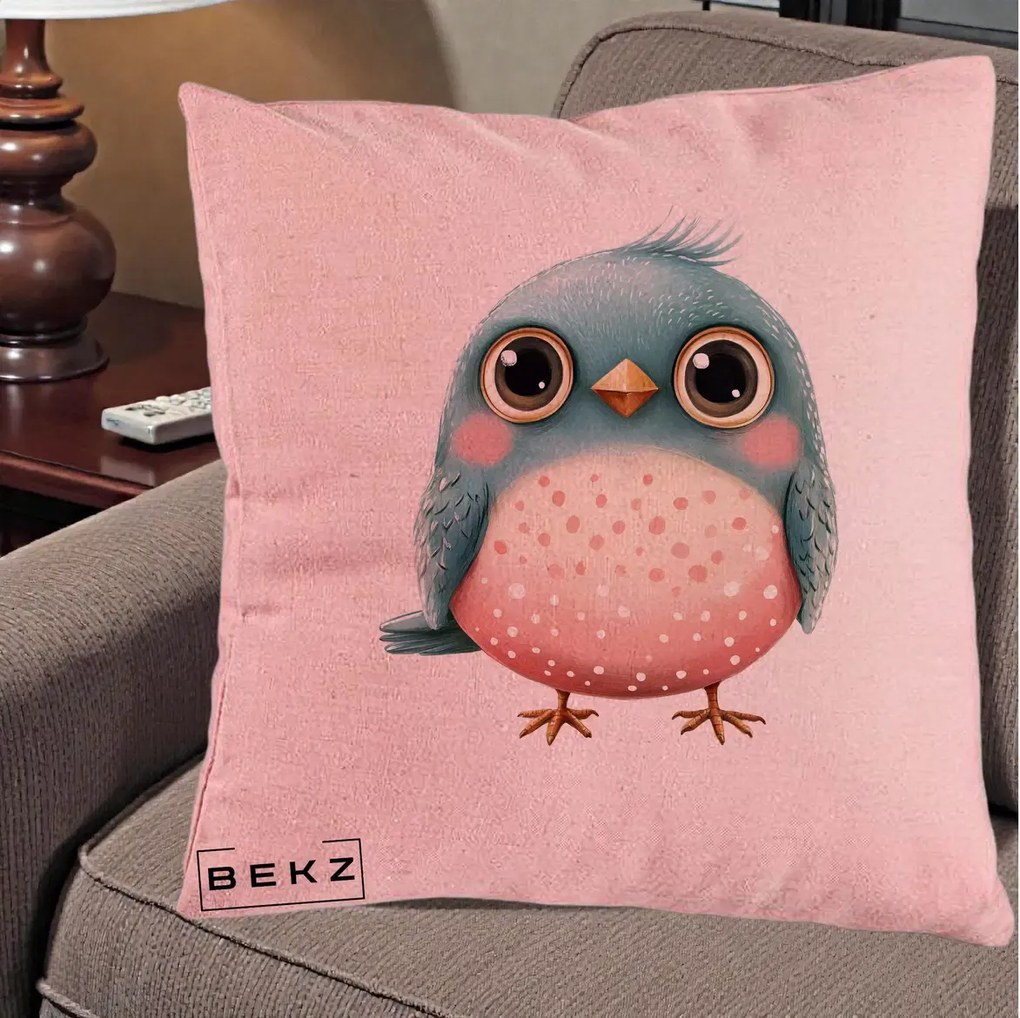 Perna Decorativa Pasare Teal-Roz cu Pete, 40x40 cm, Roz, Husa Detasabila, Perna Inclusa, BEKZ®
