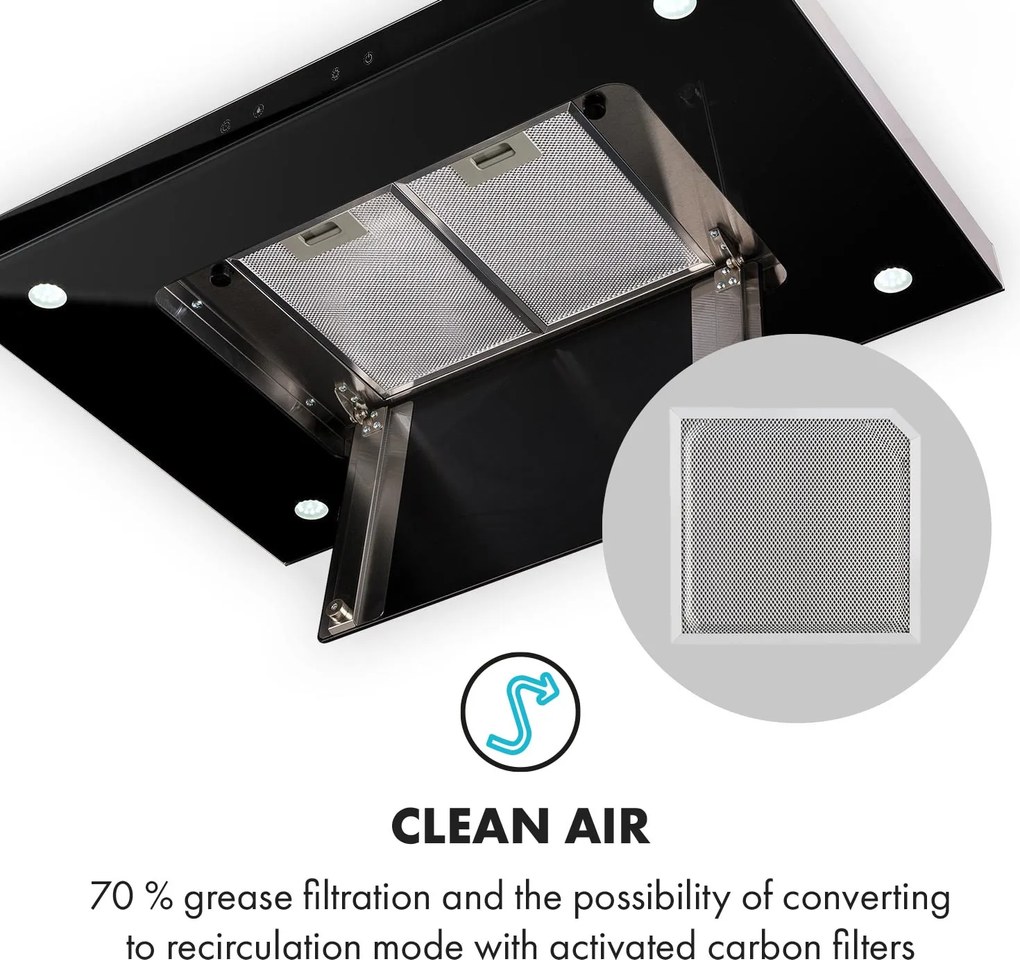 Klarstein Valeria, hotă de aburi, touch LED, 90 cm, 650 m³/h sticlă, oțel inoxidabil