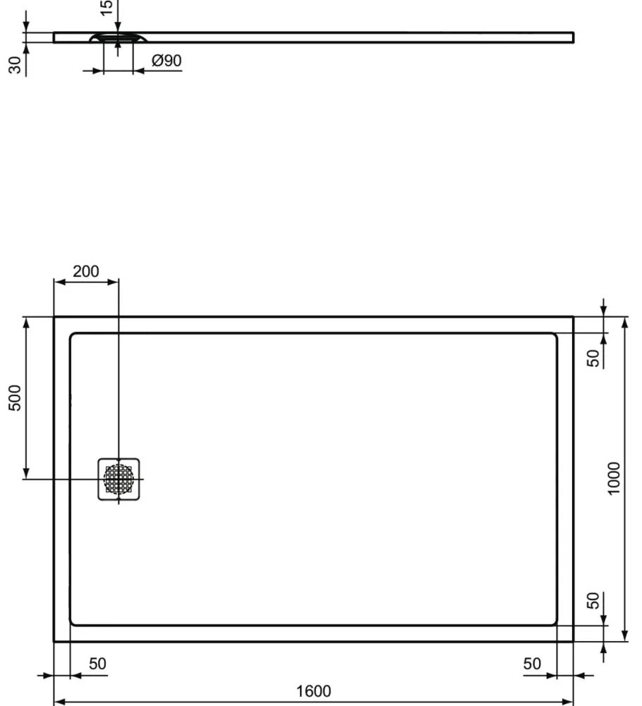 Cadita dus compozit 160x100 cm Ideal Standard Ultra Flat S, gri asfaltic Gri asfaltic, 1600x1000 mm