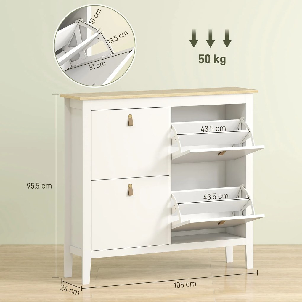 HOMCOM Pantofar Slim cu 4 Sertare pentru 20 Perechi de Pantofi, Mărime EU44 și Separatoare Reglabile, 105x24x95,5 cm, Alb | Aosom Romania