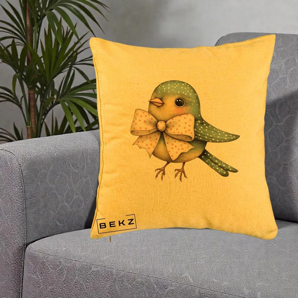 Perna Decorativa Pasare Teal cu Fundita cu Buline, 40x40 cm, Galben, Husa Detasabila, Perna Inclusa, BEKZ®
