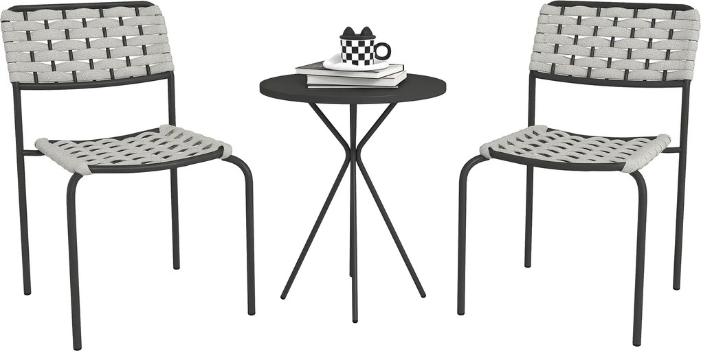 Outsunny Set mobilier grădină din poliratan, lounge exterior mobilier balcon pentru 2 persoane, 3 piese, 2 scaune, masă, gri | Aosom Romania