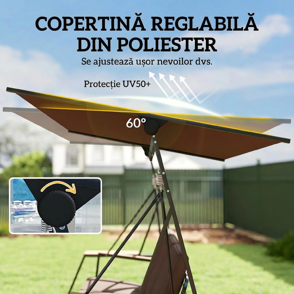 Outsunny Balansoar de Grădină cu 3 Locuri și Acoperiș Reglabil, Balansoar de Exterior din Metal cu Tăvi pentru Băuturi, Perne Imbătute, Capacitate 360kg, pentru Terasă sau Balcon, 222x131x175 cm, Maro | Aosom Romania