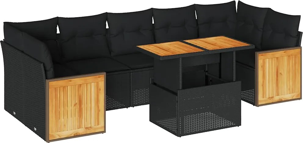 vidaXL Set mobilier grădină perne 8 piese negru, poliratan/lemn acacia