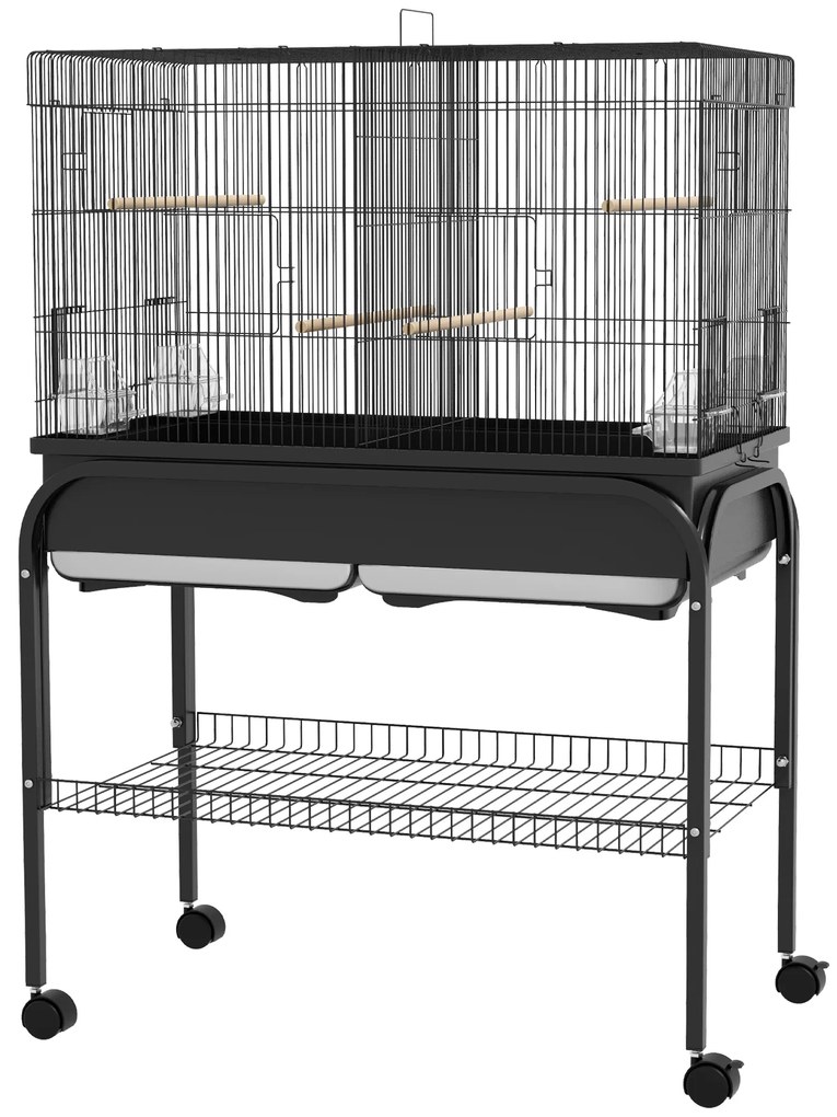 PawHut Cușcă păsări cușcă papagal cu suport roți pentru cacatua papagal canari papagal 85 x 49 x 119 cm negru | Aosom Romania