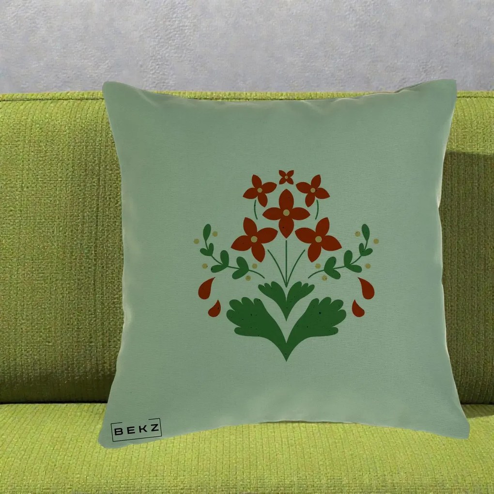 Perna Decorativa Buchet Floral Folk Rosu-Verde, 40x40 cm, Verde, Husa Detasabila, Perna Inclusa, BEKZ®