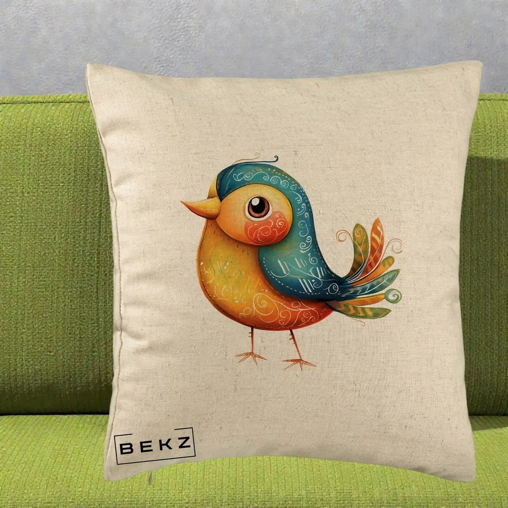 Perna Decorativa Pasare Folk Art Portocalie-Teal, 40x40 cm, Bej, Husa Detasabila, Perna Inclusa, BEKZ®