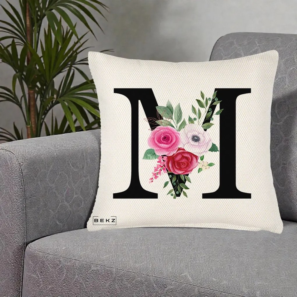 Cadou Personalizat - Perna Personalizata Monograma Florala Litera M cu Trandafiri si Anemona, 40x40 cm, Crem Reliefat, Husa Detasabila, Perna Inclusa, BEKZ®