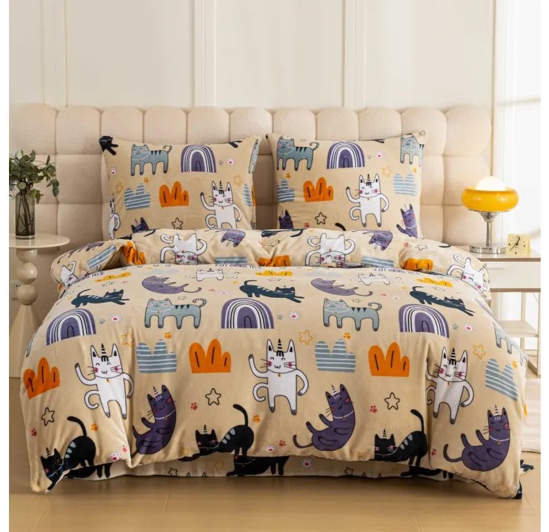 Set Lenjerie cocolino PURRSLEEP bej + Cearsaf Cocolino microplus cu elastic SOFT 180x200 cm alb, pat dublu